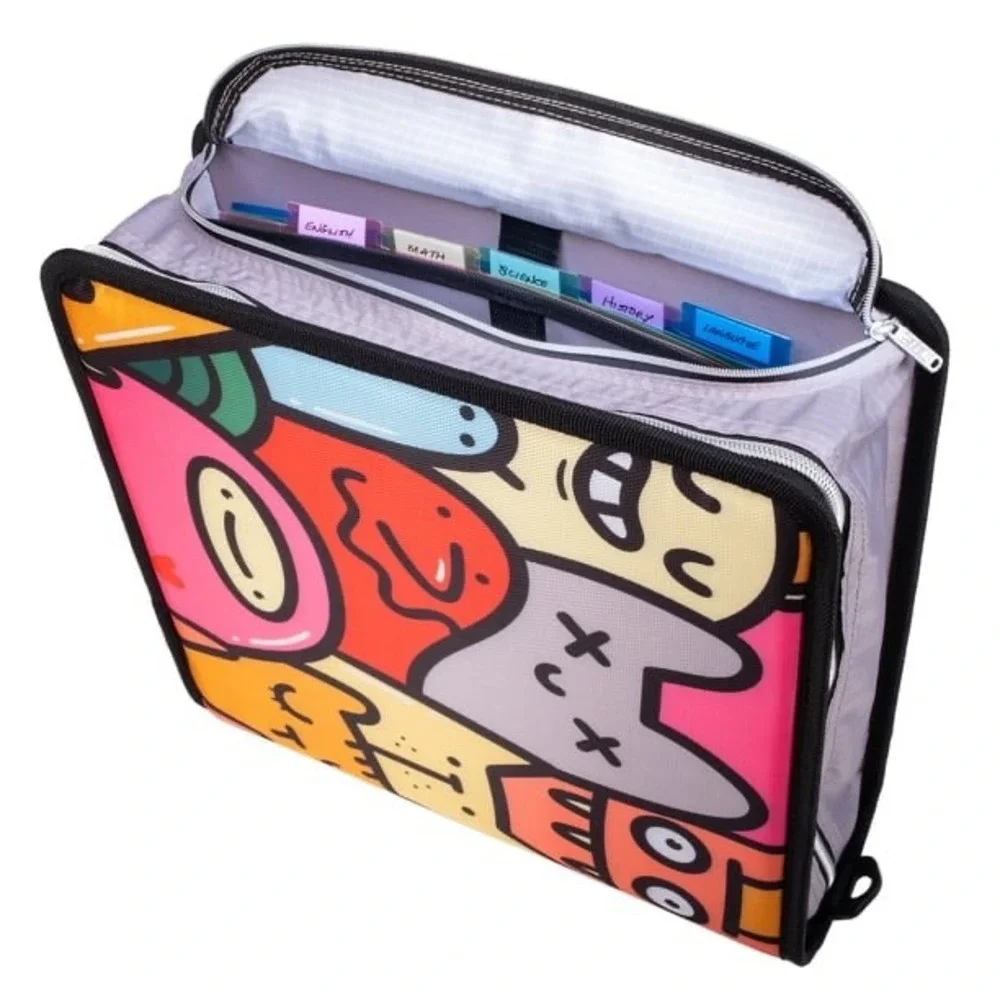 Case-it 3-Ring Zipper Binder Multi-Color Doodle Monster Print Expandable 2 inch